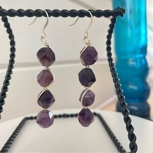 Handmade Amethyst Drop Earrings 2.5" Dark Purple Faceted Wire Wrapped